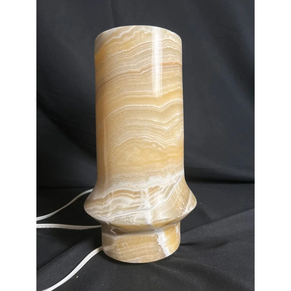 Vintage Natural Banded Onyx Cylinder Table Lamp Amber Stone 12in‎ Good Condition